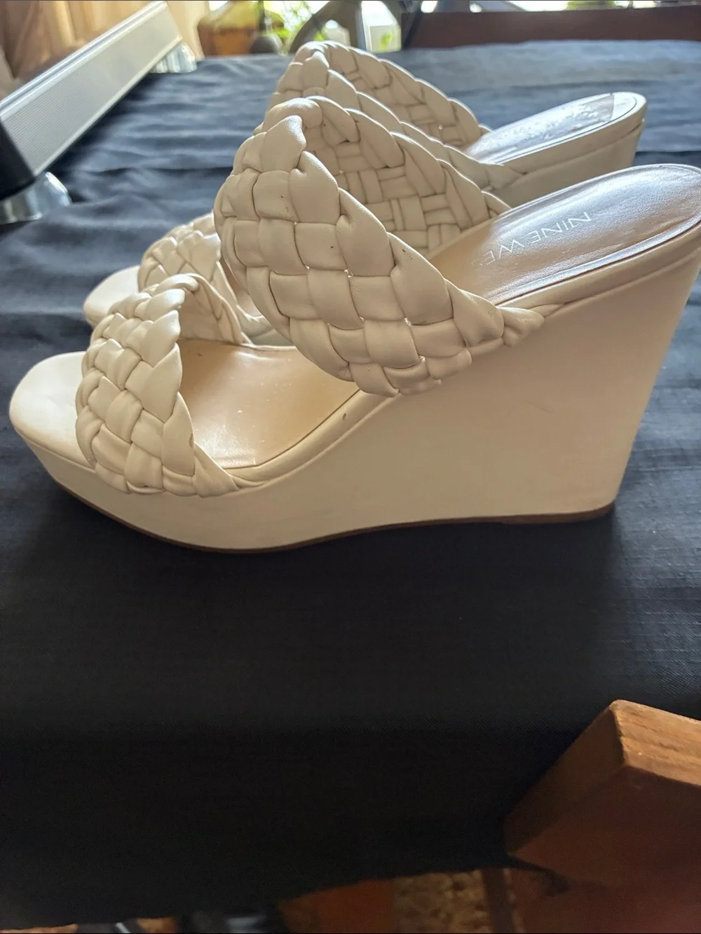 Nine West Cream Braided Double-Strap Wedge Sandals